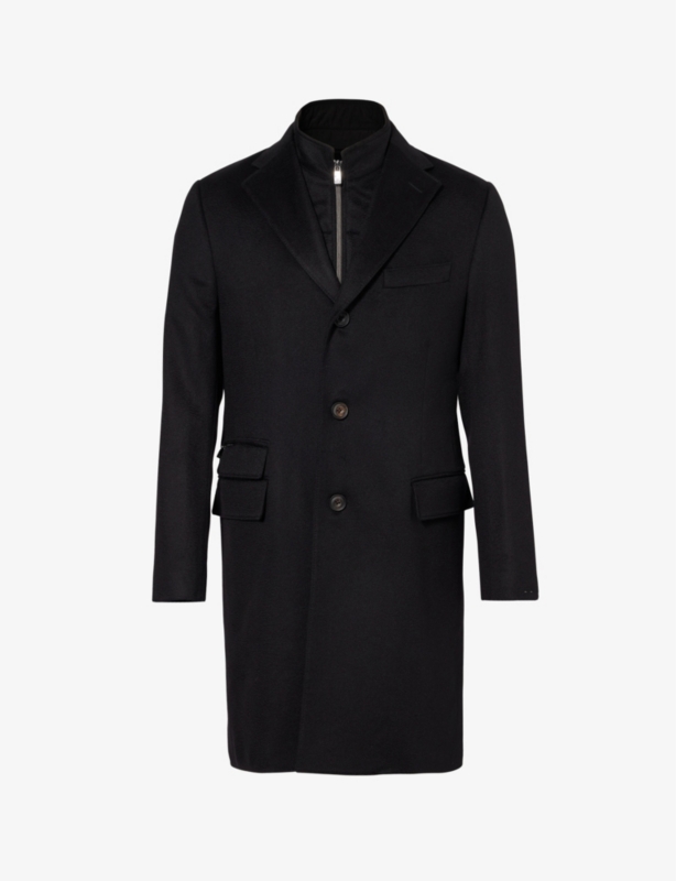 Notched-lapel detachable-panel regular-fit cashmere coat