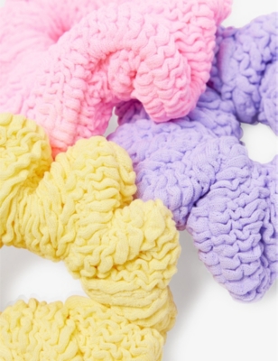 HUNZA G BUBBLEGUM/LILAC/YELLOW RUCHED PACK OF THREE SEERSUCKER SCRUNCHI 
