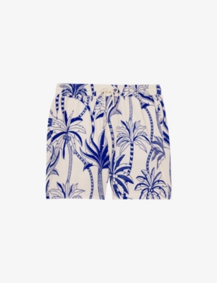 Reiss Mens French Blue White Ganetti Palm-print Swim Shorts Xs