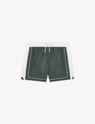 Reiss Mens Dark Green White Cano Colour-block Piped-trim Swim Shorts
