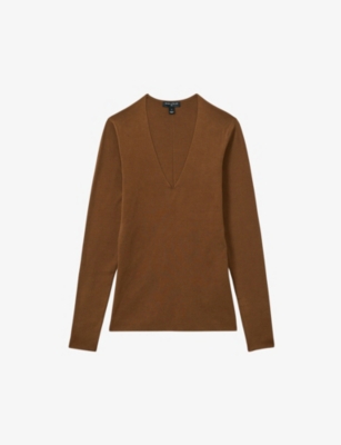 Reiss Womens  X Atelier Maeve Plunge-neck Silk-blend Top In Chocolate