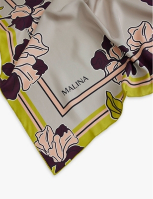 MALINA: Floral-pattern logo-print silk-twill scarf