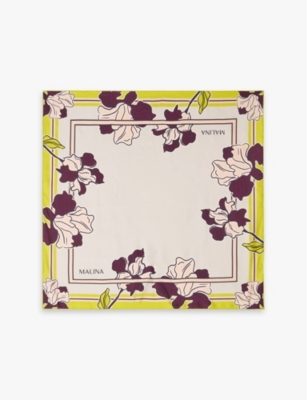 MALINA: Floral-pattern logo-print silk-twill scarf