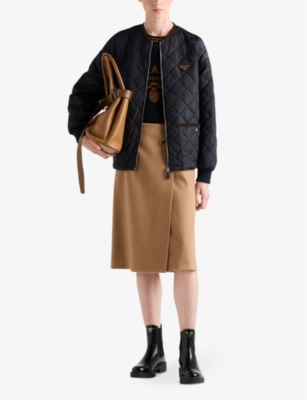 Prada Womens Brown Safety-pin Split-hem Wool Midi Skirt In Brown