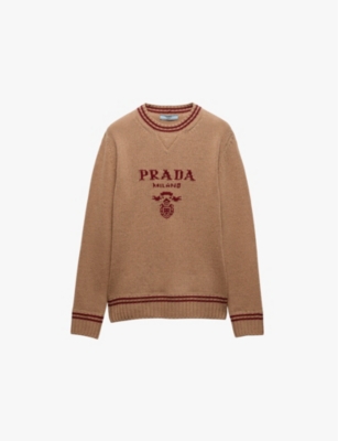 Prada Womens  Logo-print Crew-neck Wool And Cashmere-blend Jumper In Brown