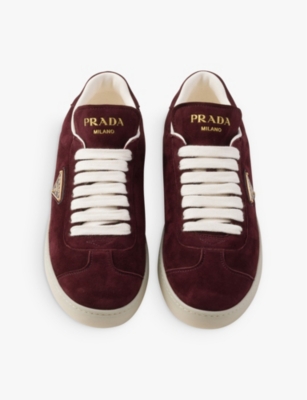 Shop Prada Womens Burgundy Triangle-logo Suede Low-top Trainers