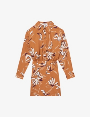REISS: Floral-Print Gathered-Waist Cotton Dress