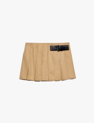 Prada Womens  Pleated Leather-belt Cotton-twill Mini Skirt In Neutral