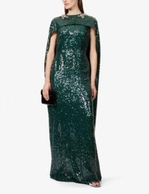 ERDEM WOMENS DARK GREEN SEQUIN-EMBELLISHED CAPE GOWN 