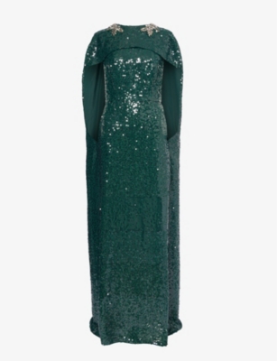 Shop Erdem Womens Dark Green Sequin-embellished Cape Gown