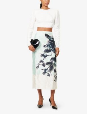 ERDEM: Graphic-Print Mid-Rise Satin Midi Skirt