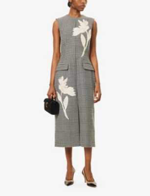 ERDEM: Houndstooth-Pattern Embroidered Wool Midi Dress