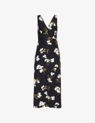 Shop Erdem Womens  Embellished Plunge-v-neck Wool-blend Midi Dress In Black