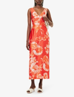 ERDEM WOMENS TROUBRIDGE FLORAL V-NECK FLORAL-PRINT SATIN MIDI DRESS 