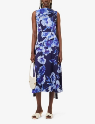 ERDEM WOMENS TROUBRIDGE FLORAL SLEEVELESS TASSEL-TRIM SATIN MIDI DRESS 