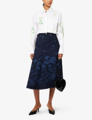 ERDEM: Draped Floral-Print Denim Midi Skirt
