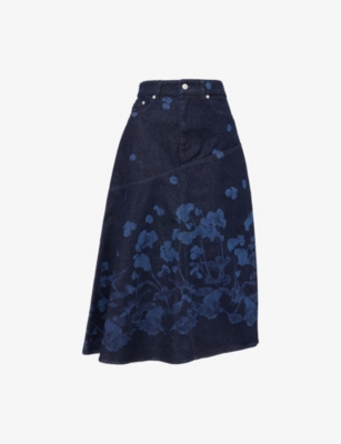 ERDEM: Draped Floral-Print Denim Midi Skirt