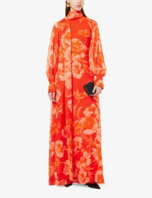 ERDEM WOMENS TROUBRIDGE FLORAL DRAPE-PANEL LONG-SLEEVE SILK GOWN 