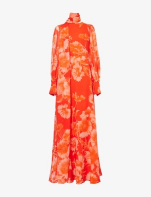 ERDEM WOMENS TROUBRIDGE FLORAL DRAPE-PANEL LONG-SLEEVE SILK GOWN 