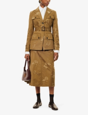 ERDEM WOMENS KHAKI FLORAL-JACQUARD SINGLE-BREASTED COTTON BLAZER 