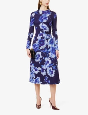 ERDEM WOMENS TROUBRIDGE FLORAL ROUND-NECK LONG-SLEEVE STRETCH-WOVEN MIDI DRESS 