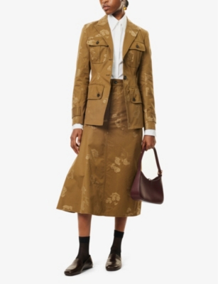 ERDEM WOMENS KHAKI FLORAL-PATTERN A-LINE COTTON MIDI SKIRT 