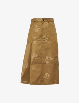 ERDEM WOMENS KHAKI FLORAL-PATTERN A-LINE COTTON MIDI SKIRT 