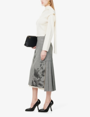 ERDEM WOMENS BLACK + WHITE PLEATED SPLIT STRETCH-WOVEN BLEND MIDI SKIRT 