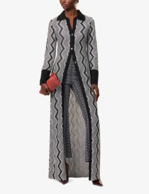 Shop Missoni Womens  Chevron-pattern Long Metallic Knitted Cardigan In Black And Silver
