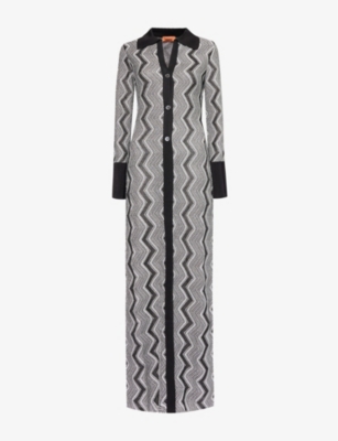 Shop Missoni Womens  Chevron-pattern Long Metallic Knitted Cardigan In Black And Silver