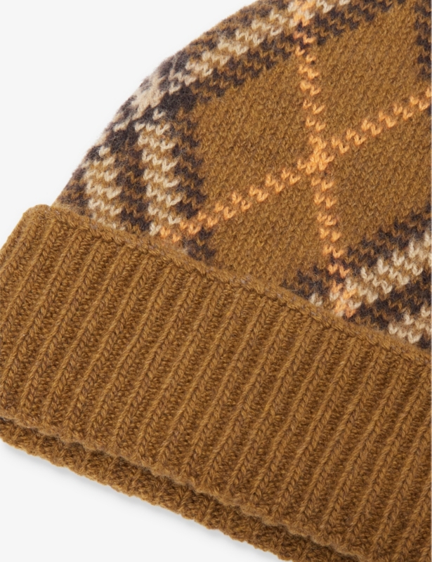 Check-pattern cashmere beanie hat