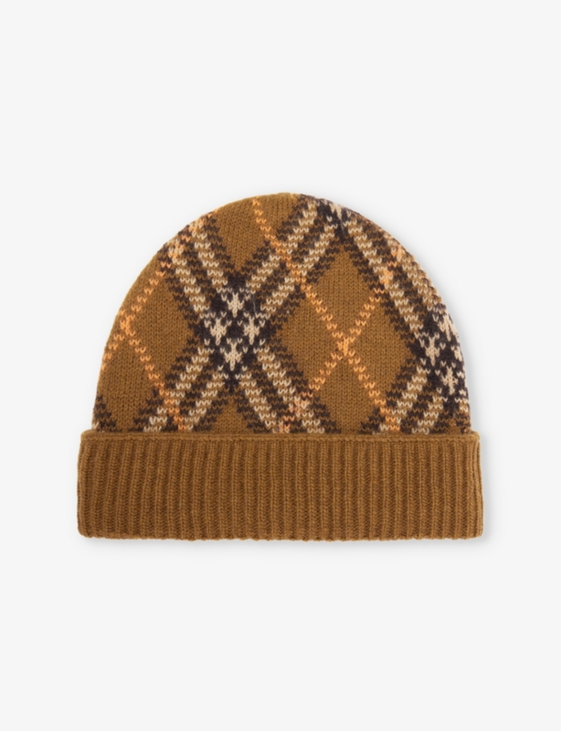 Check-pattern cashmere beanie hat