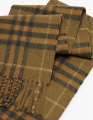 Burberry Womens  Check-print Fringed Cashmere Scarf In Furrow