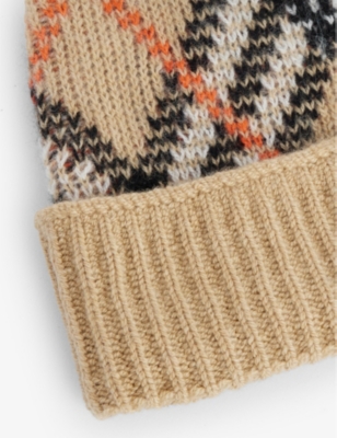 Burberry Womens Check-print Ribbed Cashmere-blend Beanie Sand In Sand
