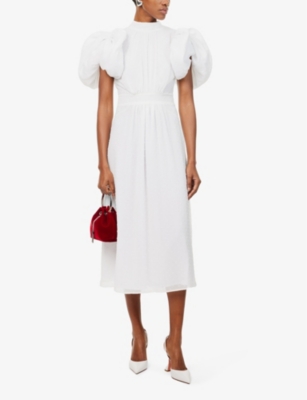 ROTATE BIRGER CHRISTENSEN WOMENS BLANC DE BLANC PUFF-SLEEVE HIGH-NECK RECYCLED-POLYESTER WOVEN MIDI DRESS 