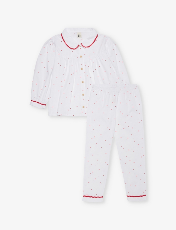 Heart-print contrast-trim cotton-poplin pyjama set 1-11 years