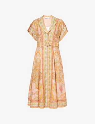 Zimmermann Acacia Belted Linen Shirt Dress In Pink Multi
