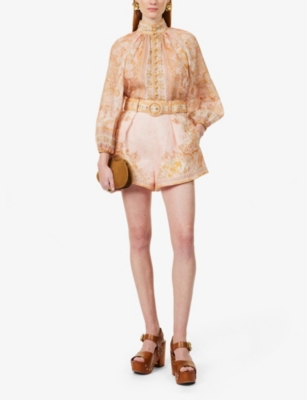 Shop Zimmermann Womens Cream Pink Multi Acacia Tuck Two-slip-pockets Relaxed-fit Linen Shorts