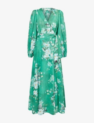 Zimmermann Everley Floral-print Cotton-voile Midi Wrap Dress In Green Watercolour Floral
