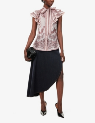 Crush ruffle-sleeve lace-print linen and silk blouse