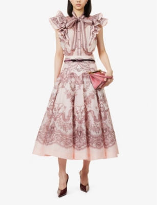 Shop Zimmermann Womens Pink Lace Print Crush Graphic-pattern Linen And Silk-blend Organza Midi Skirt Xxs