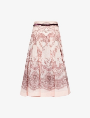Zimmermann Printed Linen Blend Crush Skirt In Pink Lace Print