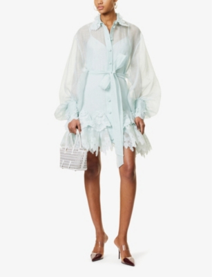 ZIMMERMANN WOMENS ZIMMERMANN CRUSH FLORAL-APPLIQUÉ LINEN-SILK BLEND MINI SHIRT DRESS 