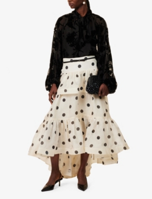 Zimmermann Womens Cream Black Dot Crush High-low Tiered Linen And Silk-blend Midi Skirt Xs In Cream Black Dot