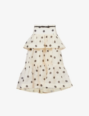 Zimmermann Womens Cream Black Dot Crush High-low Tiered Linen And Silk-blend Midi Skirt Xs In Cream Black Dot