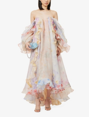 ZIMMERMANN WOMENS SPLICED FLORAL CRUSH FLORAL LINEN AND SILK-BLEND MIDI DRESS XS 