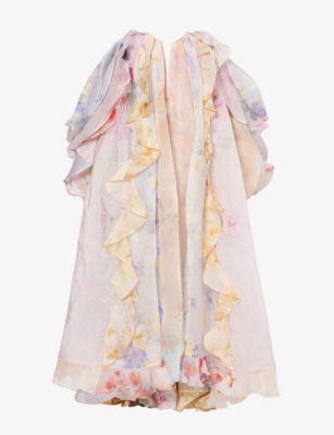 Zimmermann Crush Ruffled Off-the-shoulder Linen-silk Gown In Spliced Floral