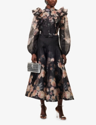Zimmermann Pavilion Floral-print Linen And Silk-blend Midi Skirt In Black Floral