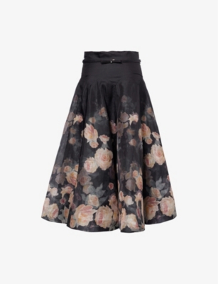 Zimmermann Pavilion Floral-print Linen And Silk-blend Midi Skirt In Black Floral