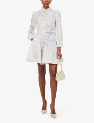 Shop Zimmermann Womens Lilac Floral Crush Floral-pattern Buttoned Linen Mini Dress Xxs